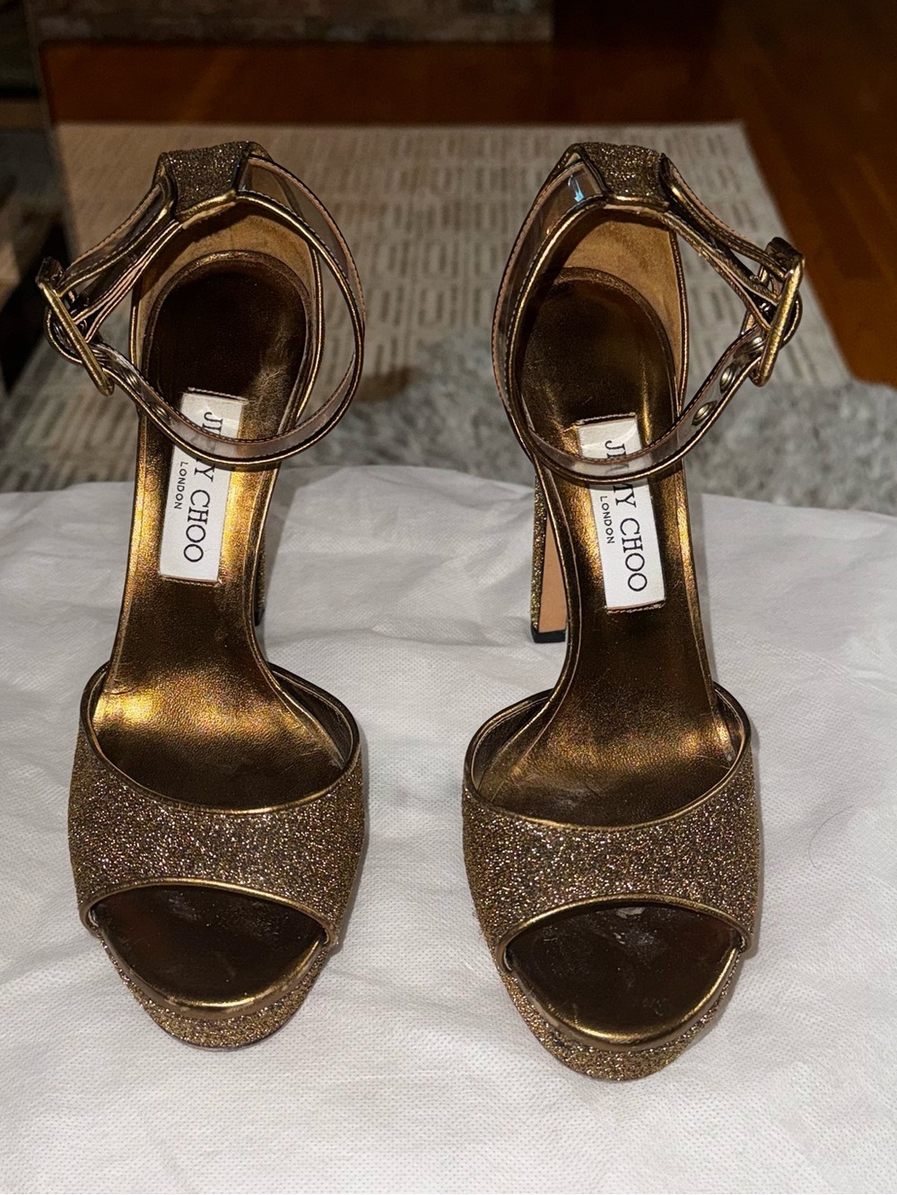 Jimmy Choo Gold Glitter Platform Ankle-Strap Heels - Picture 3 of 11